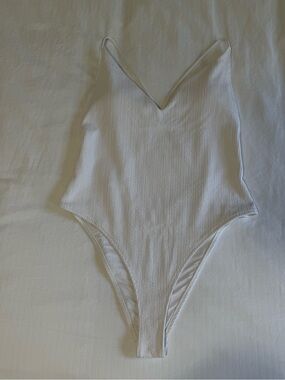 Mango White Textured V‑Neck One‑Piece Swimsuit